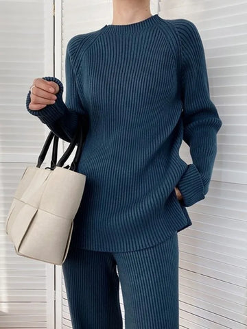 Getadme-Autumn Winter Korean Fashion Casual Tracksuit Women Jumpers Pullover Sweater Tops + Wide Leg Pant Suits Knitted 2 Piece Set